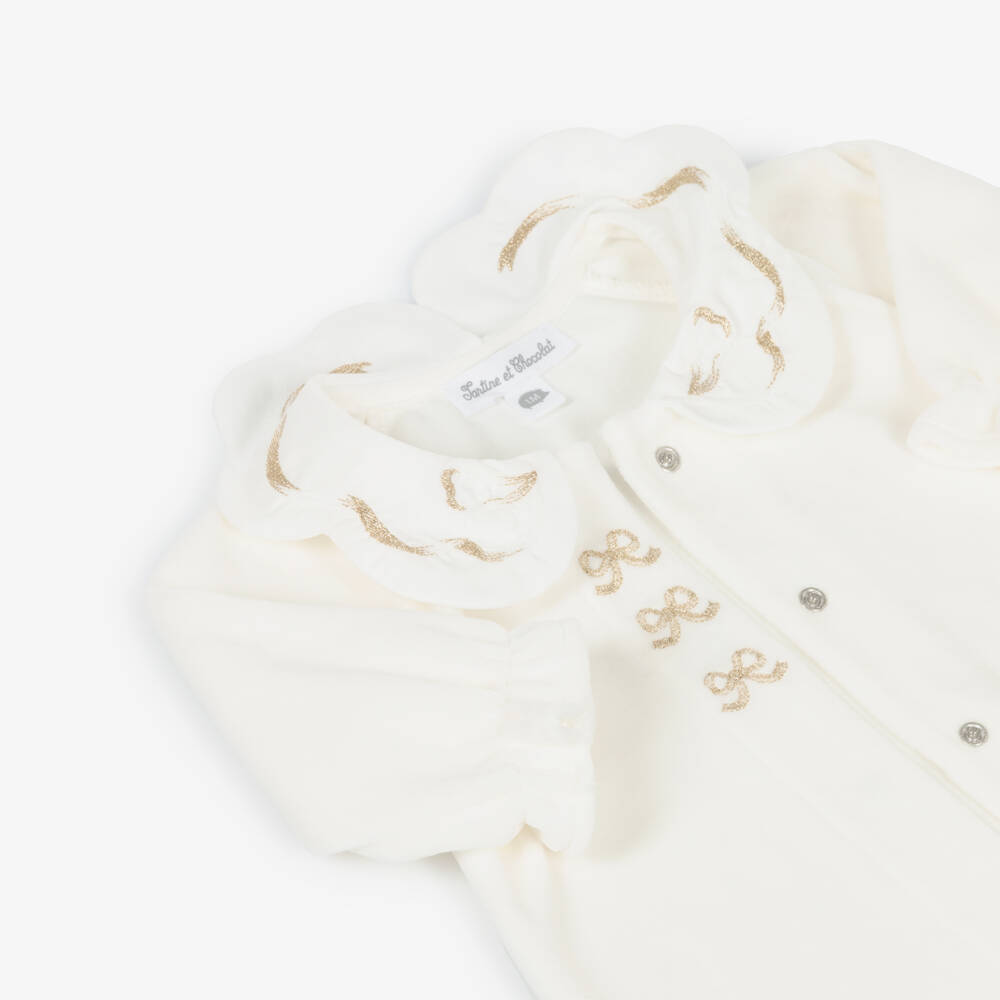 Tartine et Chocolat-Girls Ivory Velour Babygrow with Gold Embroidered Bows | Childrensalon Outlet