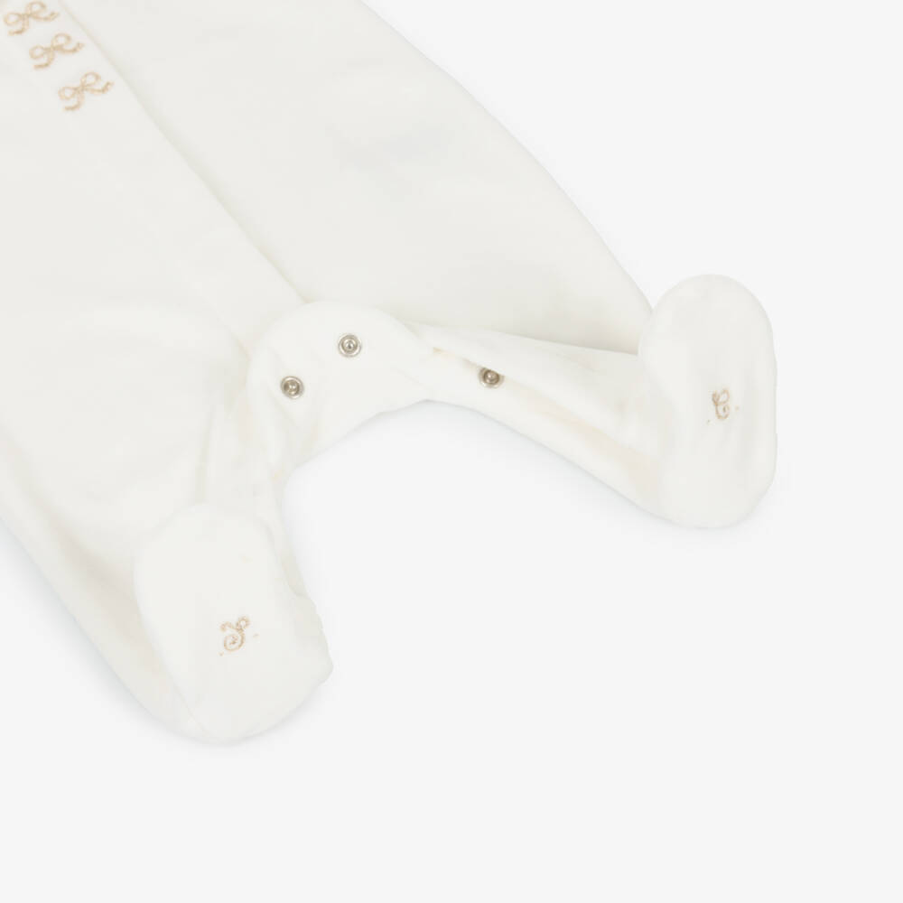 Tartine et Chocolat-Girls Ivory Velour Babygrow with Gold Embroidered Bows | Childrensalon Outlet