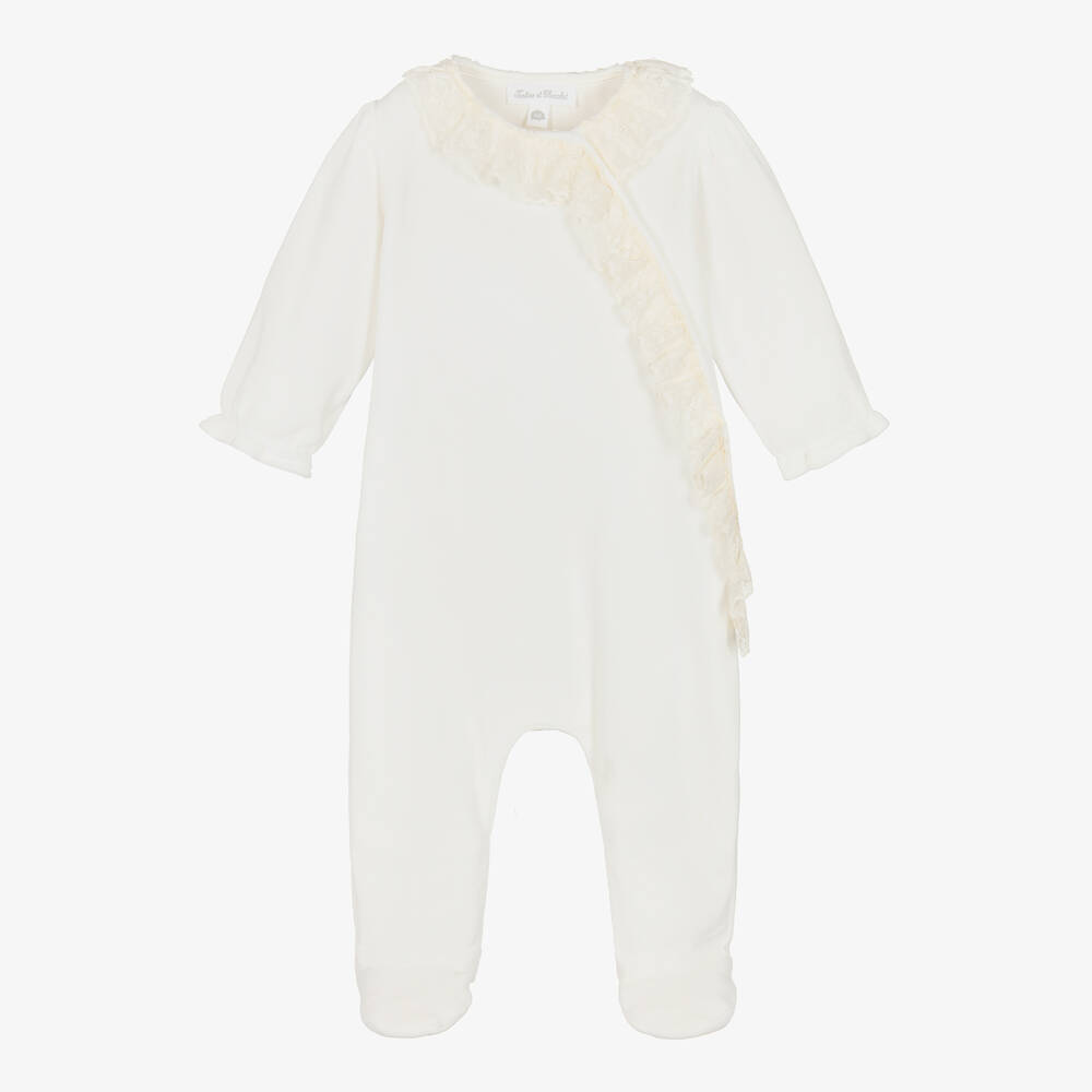 Tartine et Chocolat - Girls Ivory Velour & Lace Ruffle Babygrow | Childrensalon