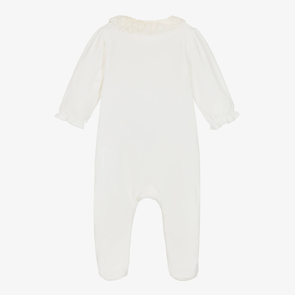 Tartine et Chocolat-Кремовый велюровый комбинезон с кружевными рюшами | Childrensalon Outlet