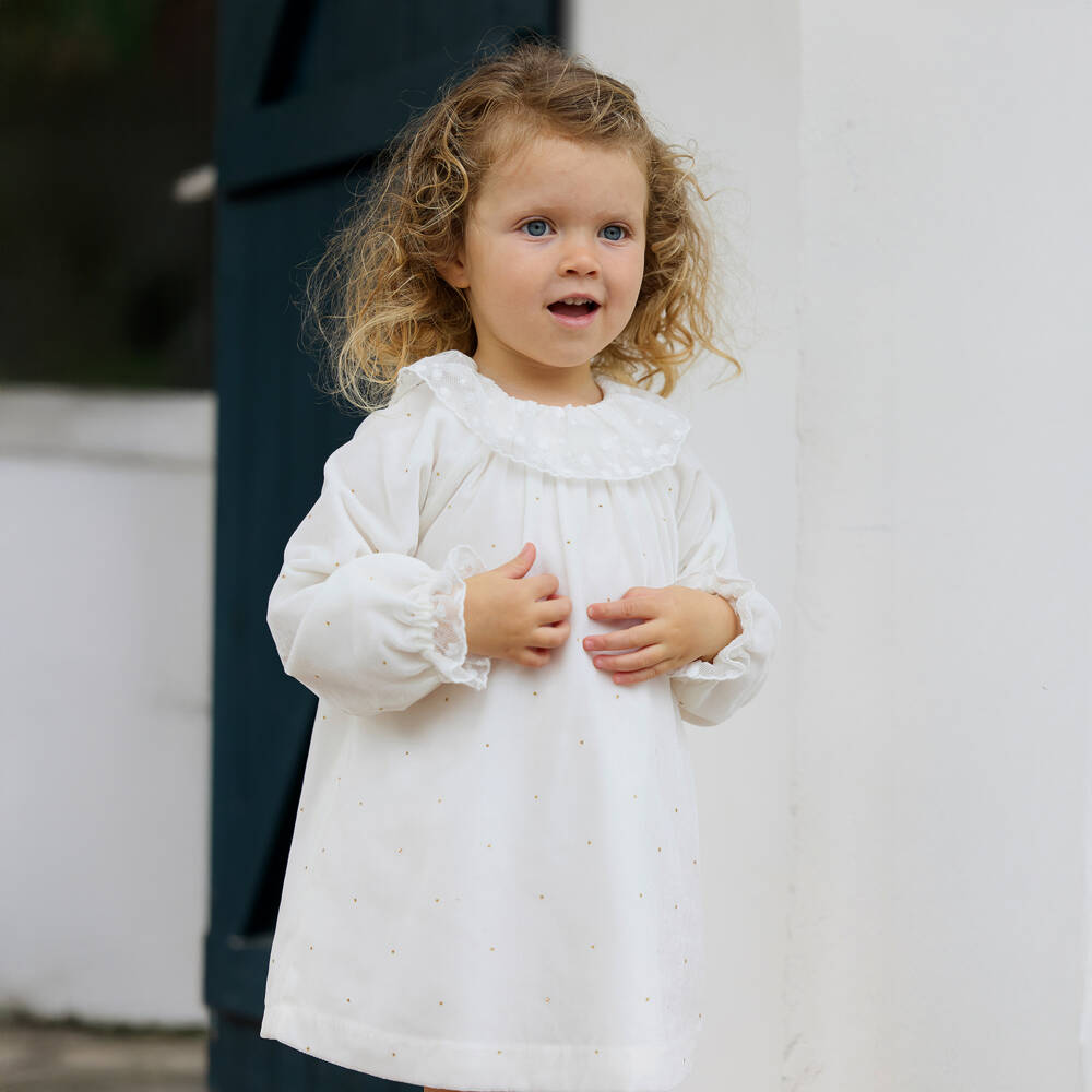 Tartine et Chocolat-فستان دانتيل مخملي عاجي للبنات | Childrensalon Outlet