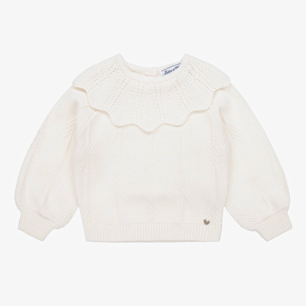 Tartine et Chocolat - Girls Ivory Wool & Cashmere Knit Sweater | Childrensalon