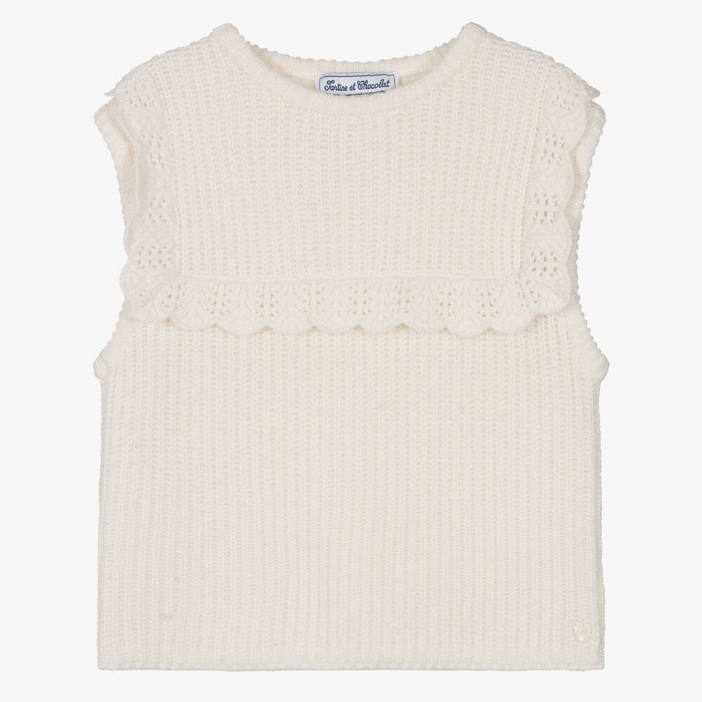 Tartine et Chocolat - Girls Ivory Wool & Cashmere Sweater Vest | Childrensalon