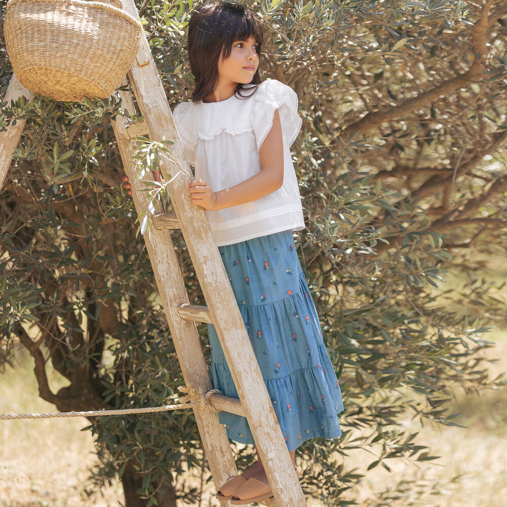 Tartine et Chocolat-Girls Long Blue Chambray Floral Skirt | Childrensalon Outlet