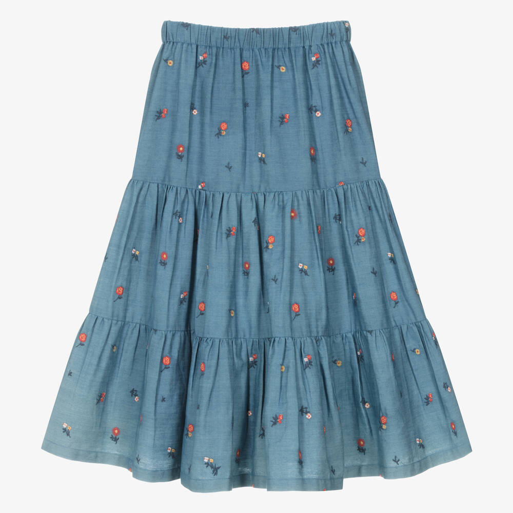 Tartine et Chocolat-Girls Long Blue Chambray Floral Skirt | Childrensalon Outlet