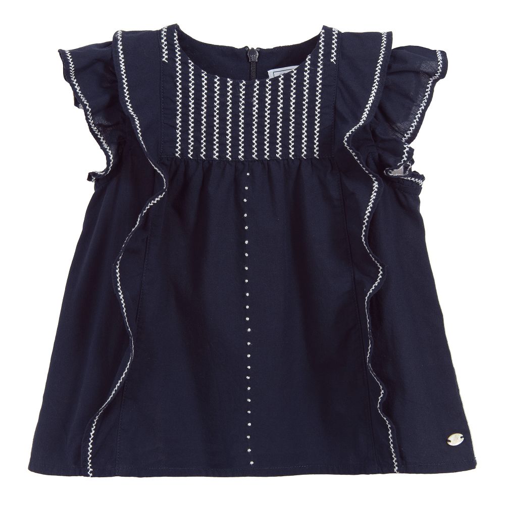 Tartine et Chocolat - Girls Navy Blue Cotton Blouse | Childrensalon