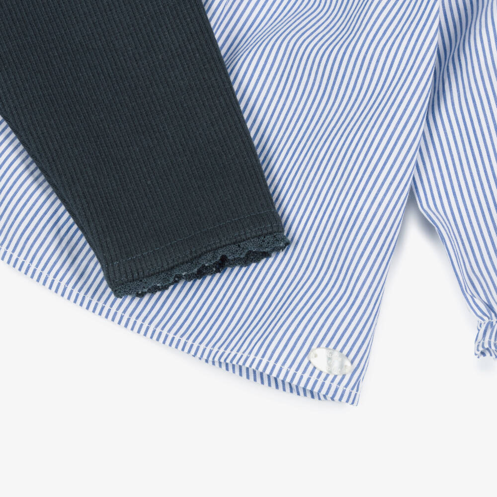 Tartine et Chocolat-Girls Navy Blue Cotton Smocked Blouse & Leggings Set | Childrensalon Outlet