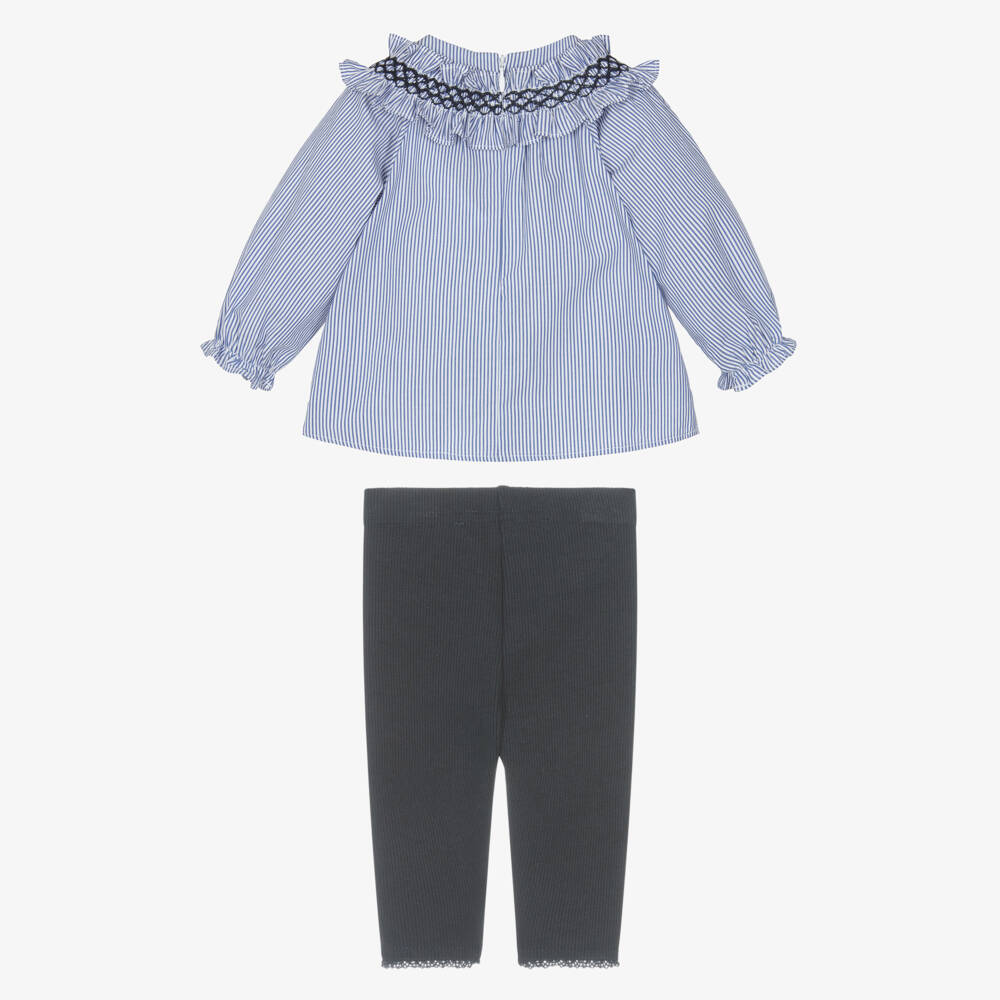Tartine et Chocolat-Girls Navy Blue Cotton Smocked Blouse & Leggings Set | Childrensalon Outlet
