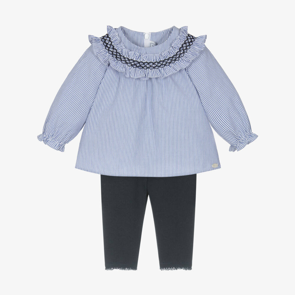 Tartine et Chocolat-Girls Navy Blue Cotton Smocked Blouse & Leggings Set | Childrensalon Outlet