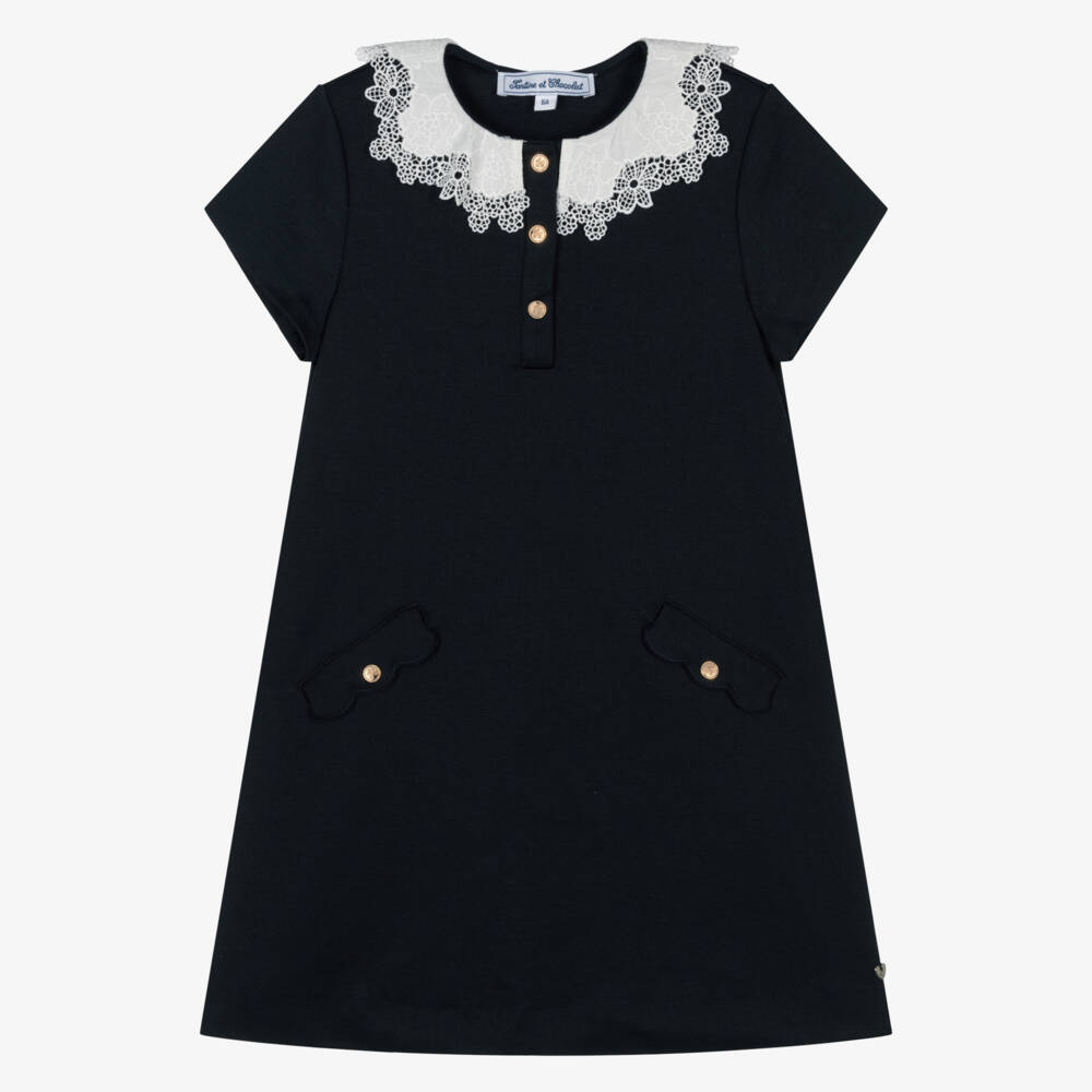 Tartine et Chocolat-Girls Navy Blue Dress with White Lace Collar | Childrensalon Outlet