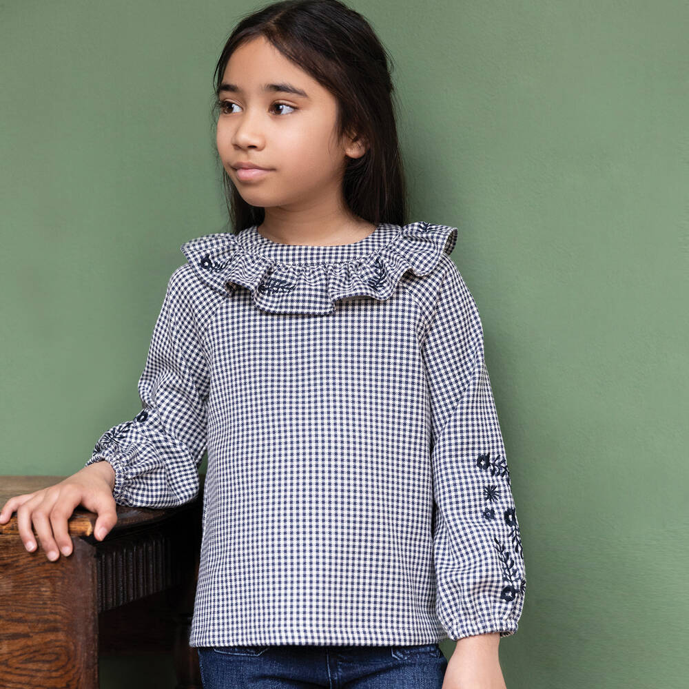 Tartine et Chocolat-Girls Navy Blue Gingham Blouse | Childrensalon Outlet