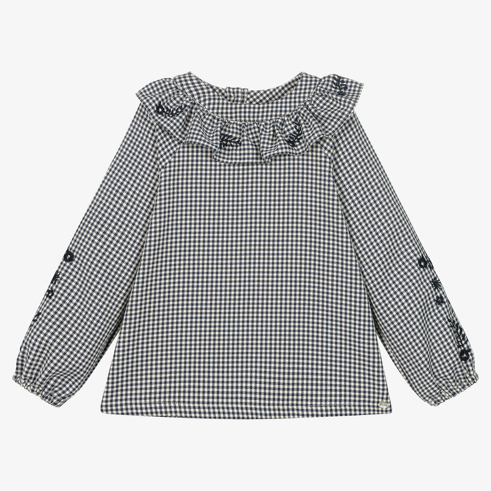 Tartine et Chocolat - Girls Navy Blue Gingham Blouse | Childrensalon