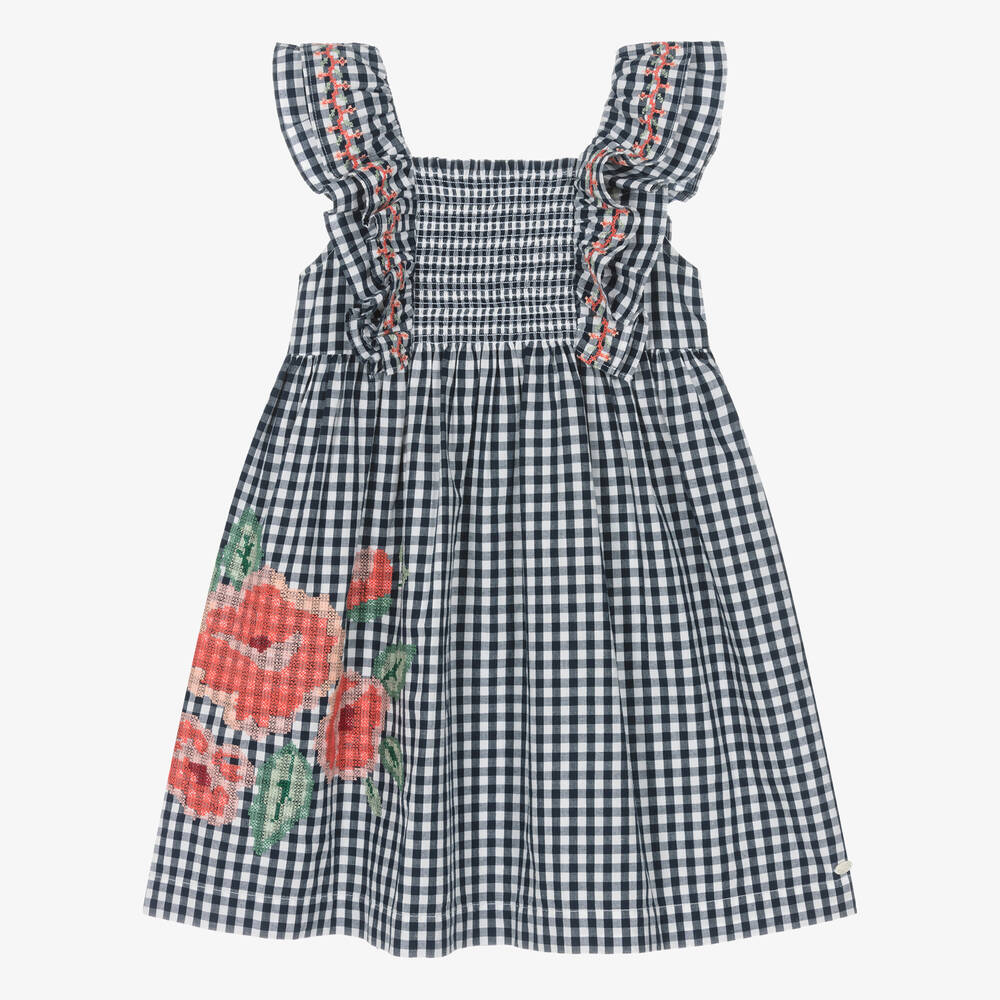 Tartine et Chocolat-Girls Navy Blue Gingham Cotton Dress | Childrensalon Outlet
