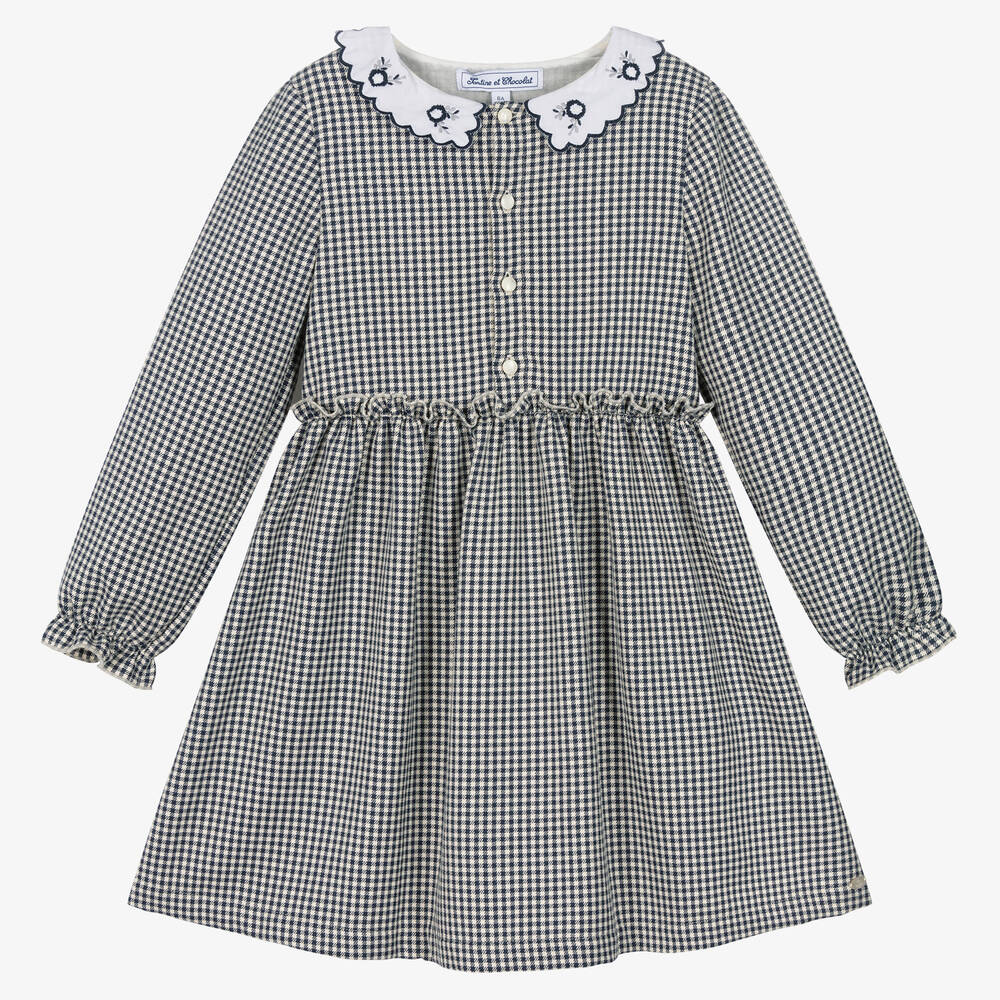 Tartine et Chocolat-فستان جينغهام لون كحلي وعاجي | Childrensalon Outlet