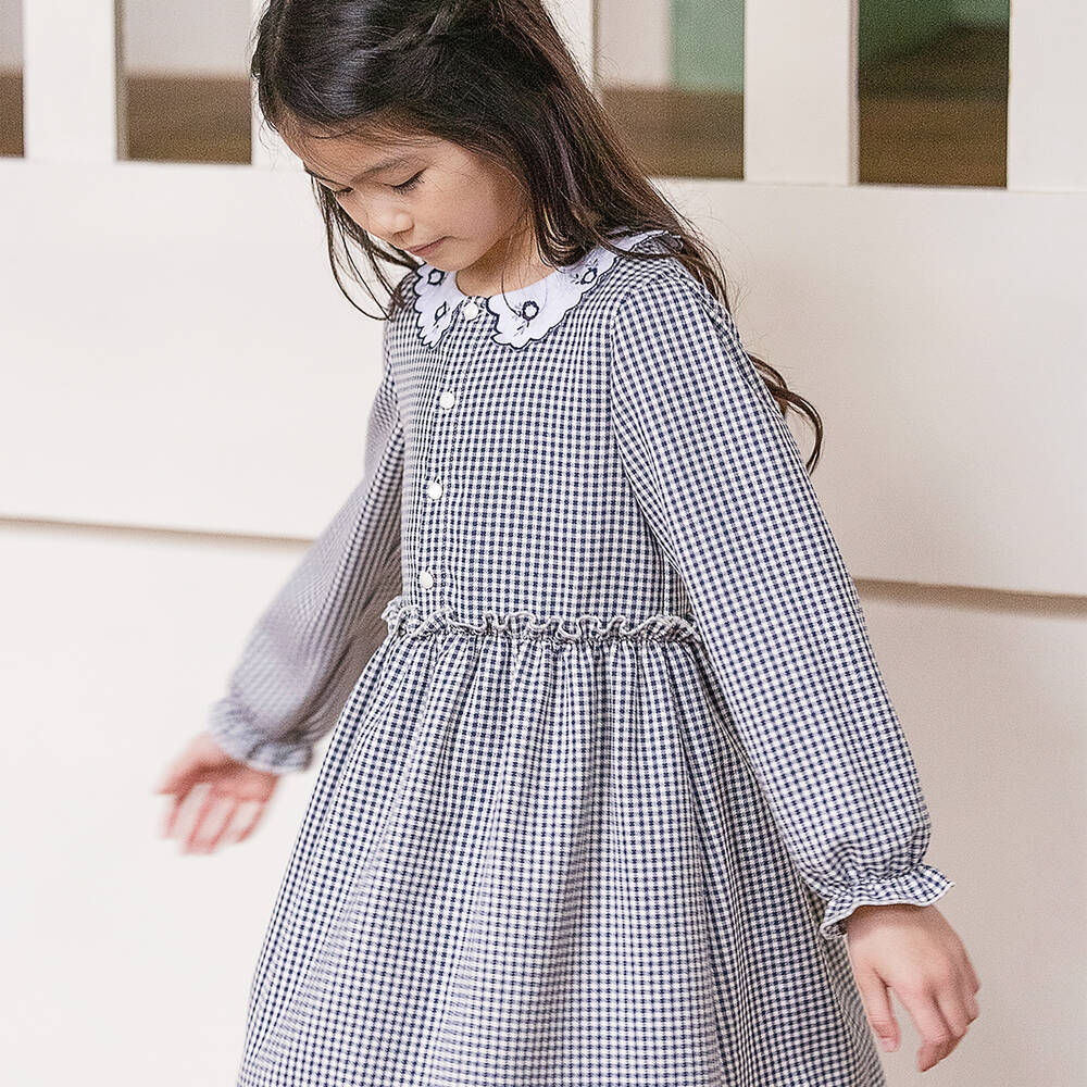 Tartine et Chocolat Girls Navy Blue Gingham Dress