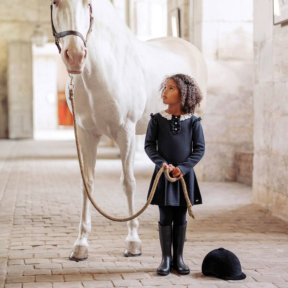 Tartine et Chocolat-Girls Navy Blue Knitted Dress  | Childrensalon Outlet