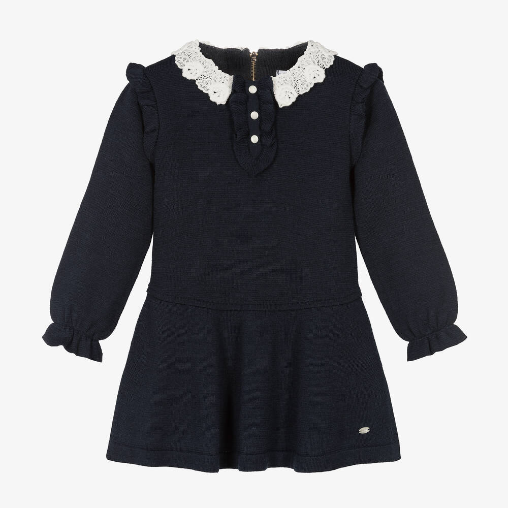 Tartine et Chocolat - Girls Navy Blue Knitted Dress  | Childrensalon