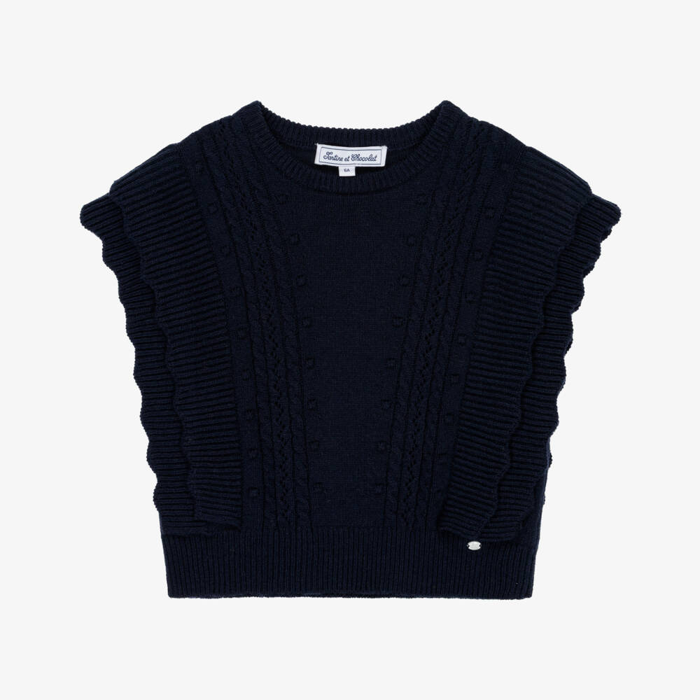 Tartine et Chocolat-Girls Navy Blue Knitted Tank Top | Childrensalon Outlet