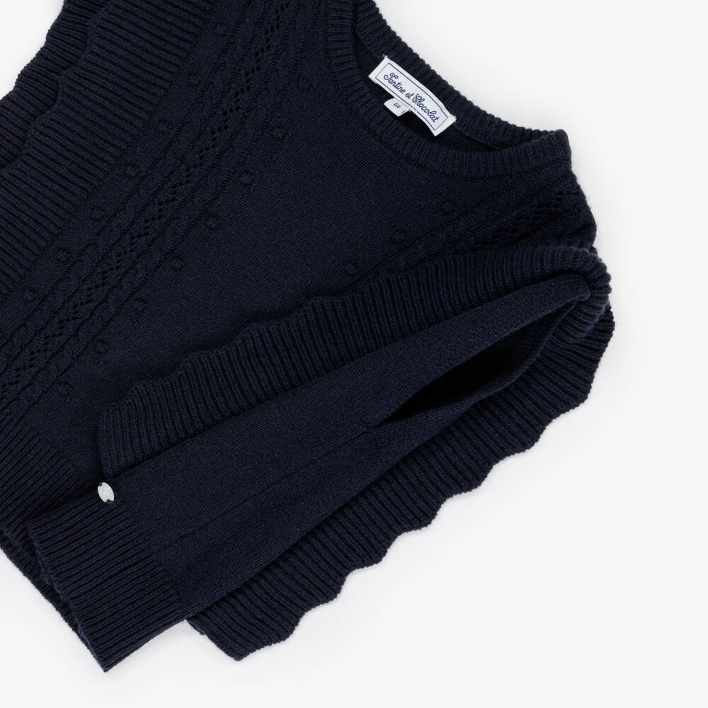 Tartine et Chocolat-Girls Navy Blue Knitted Tank Top | Childrensalon Outlet