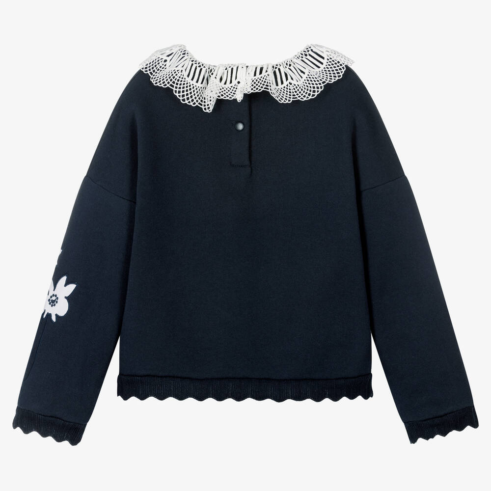 Tartine et Chocolat-بلوفر بياقة دانتيل قطن لون كحلي للبنات | Childrensalon Outlet