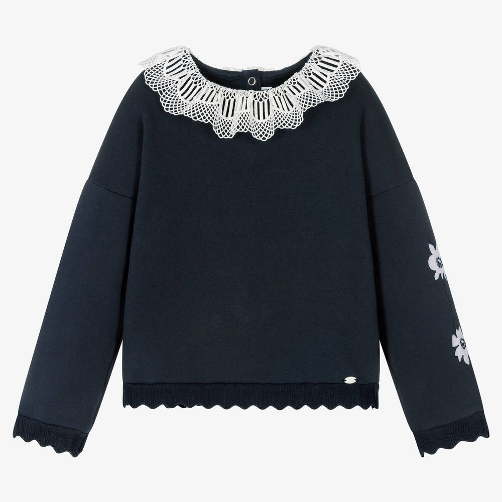 Tartine et Chocolat - Girls Navy Blue Lace Collar Sweatshirt | Childrensalon