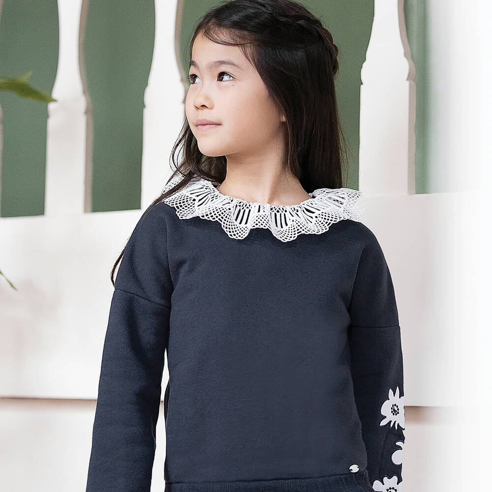 Tartine et Chocolat-بلوفر بياقة دانتيل قطن لون كحلي للبنات | Childrensalon Outlet