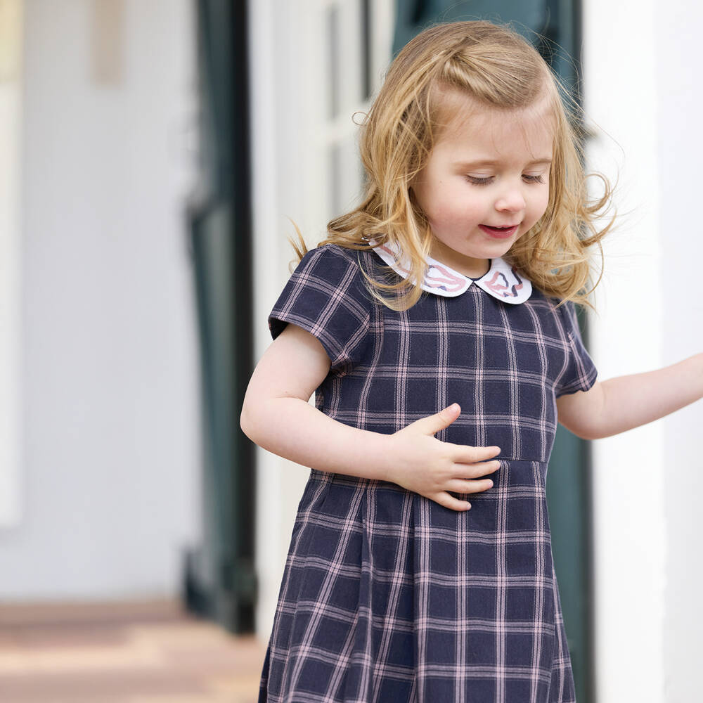 Tartine et Chocolat-Girls Navy Blue & Pink Check Cotton Dress | Childrensalon Outlet