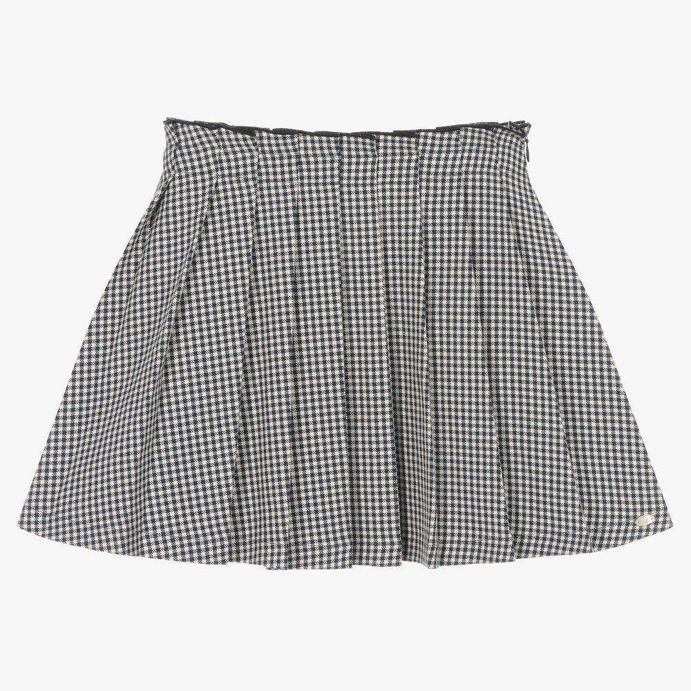 Tartine et Chocolat - Girls Navy Blue Pleated Gingham Skirt | Childrensalon