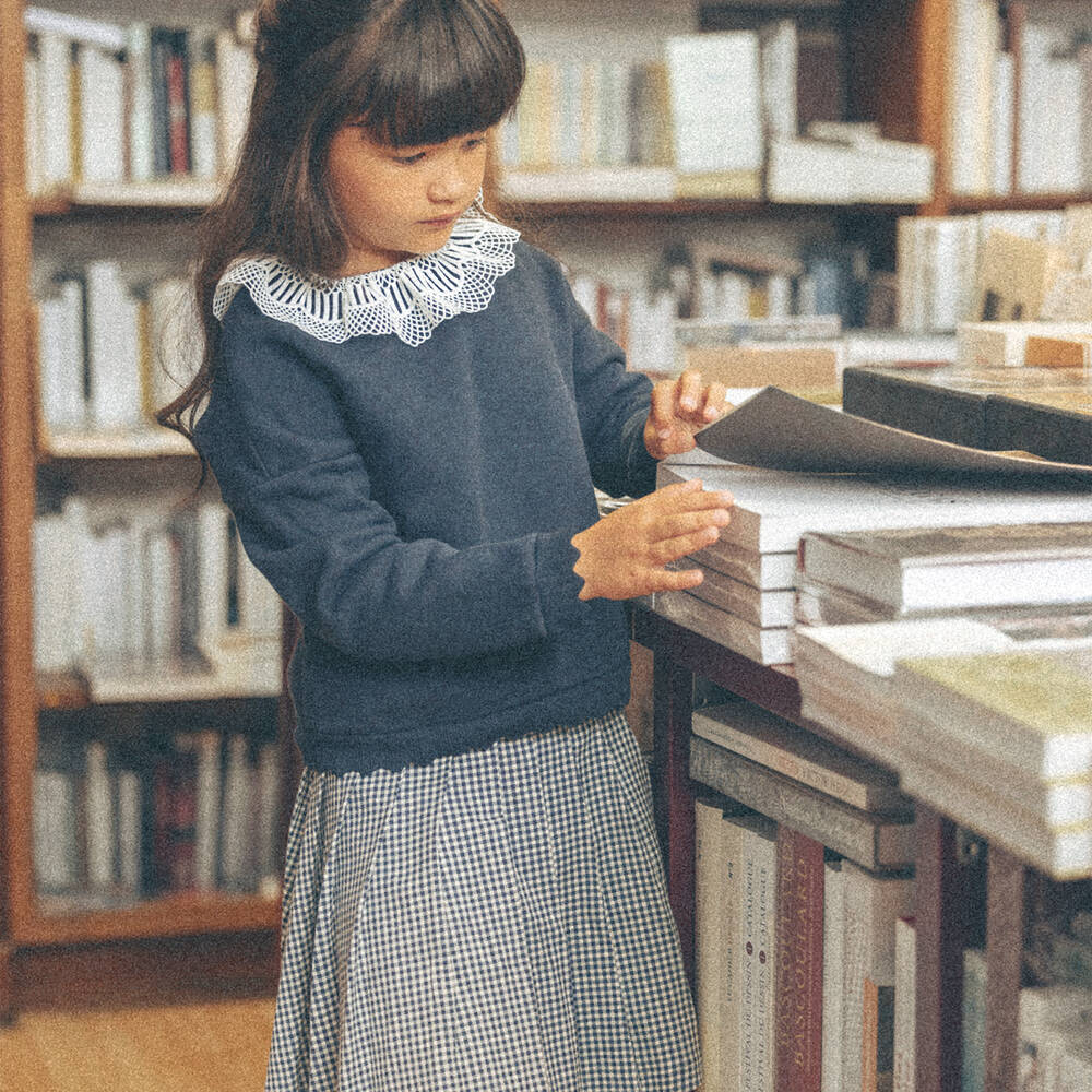 Tartine et Chocolat-Girls Navy Blue Pleated Gingham Skirt | Childrensalon Outlet