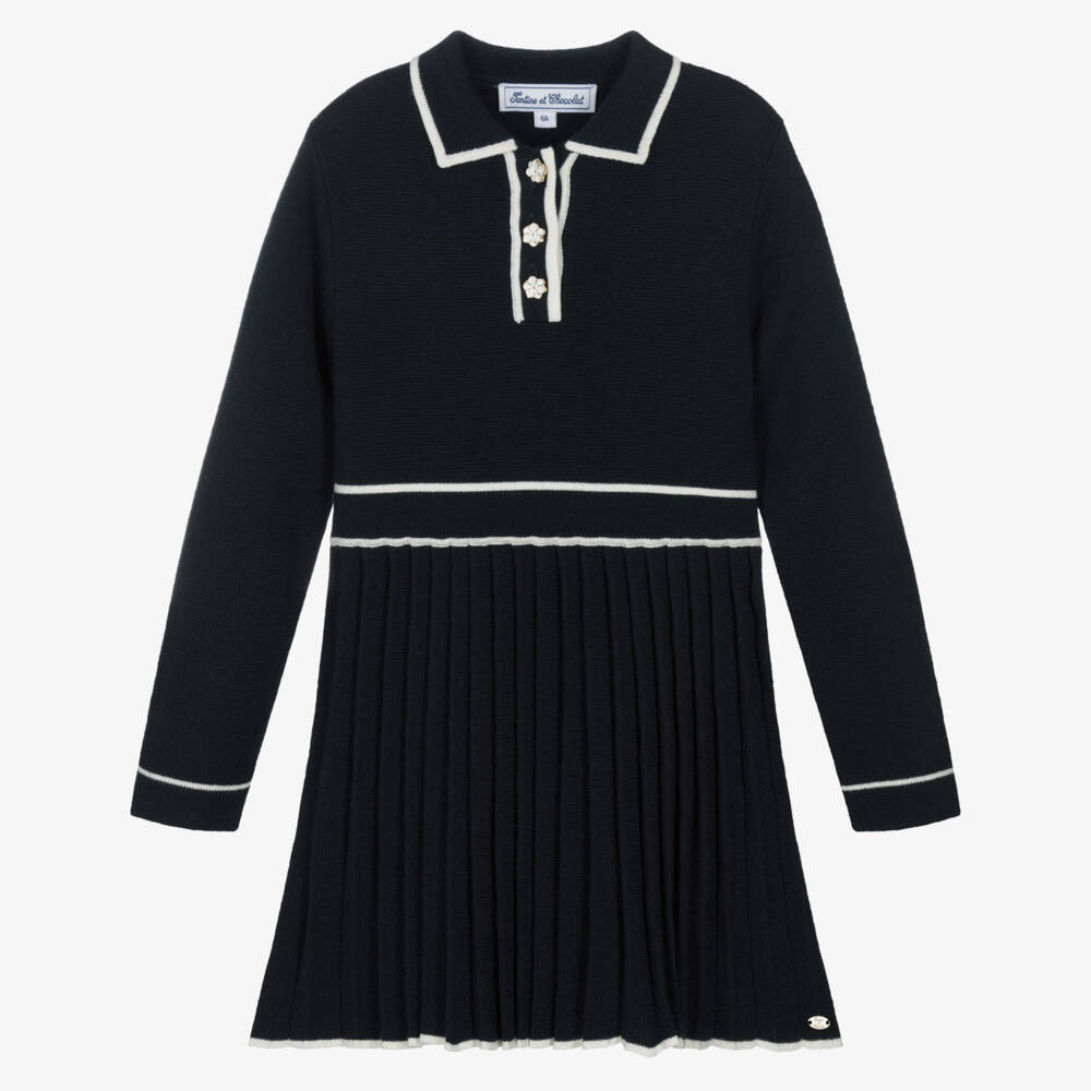 Tartine et Chocolat-Girls Navy Blue Pleated Knitted Dress | Childrensalon Outlet
