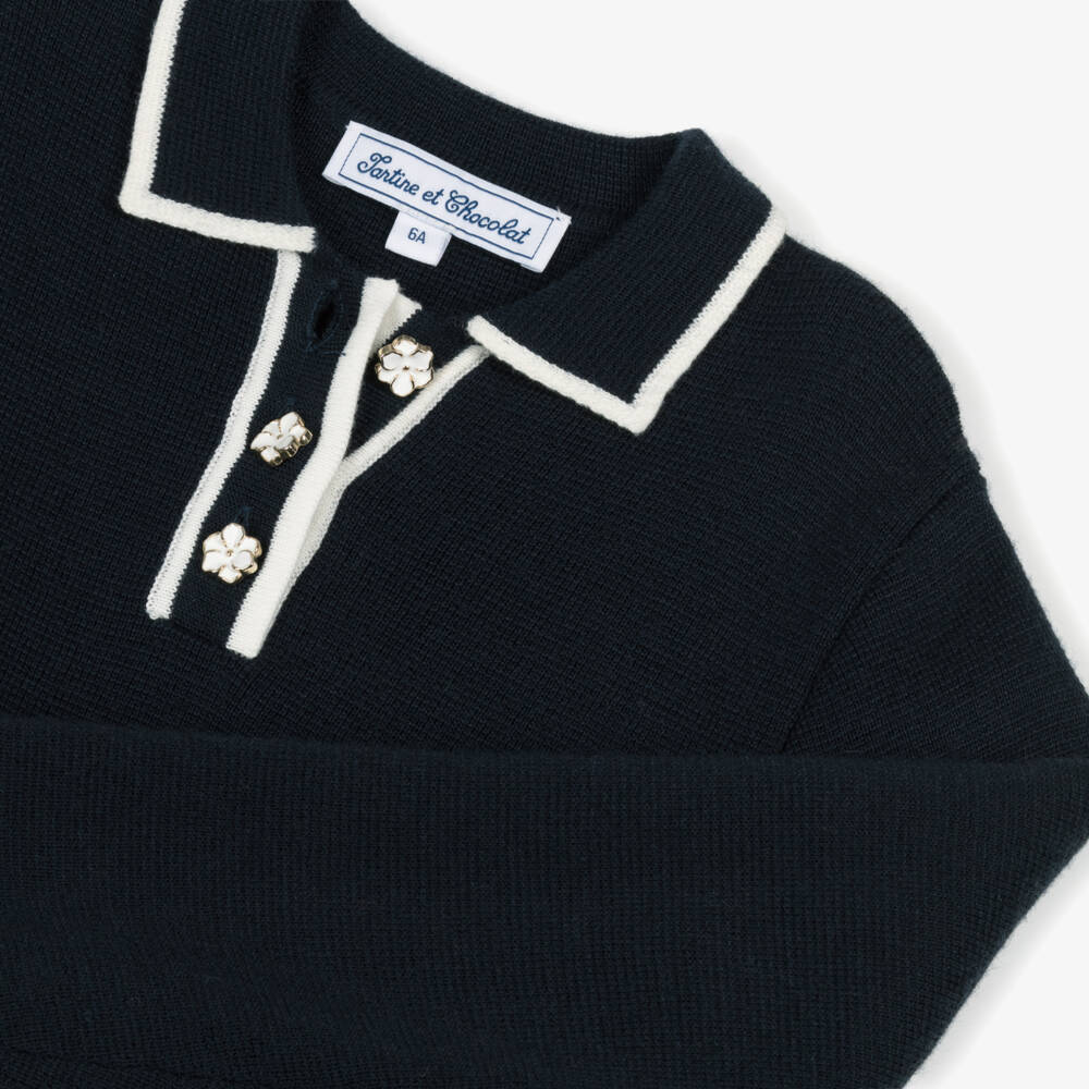 Tartine et Chocolat-Girls Navy Blue Pleated Knitted Dress | Childrensalon Outlet