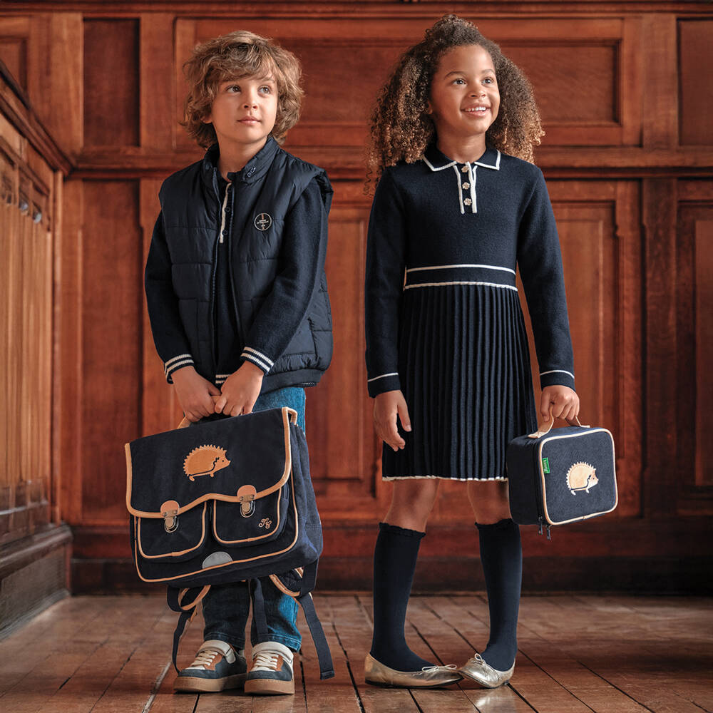 Tartine et Chocolat-Girls Navy Blue Pleated Knitted Dress | Childrensalon Outlet