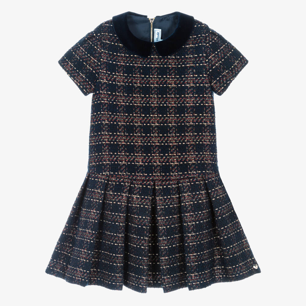 Tartine et Chocolat-Girls Navy Blue & Red Check Sparkly Tweed Dress | Childrensalon Outlet