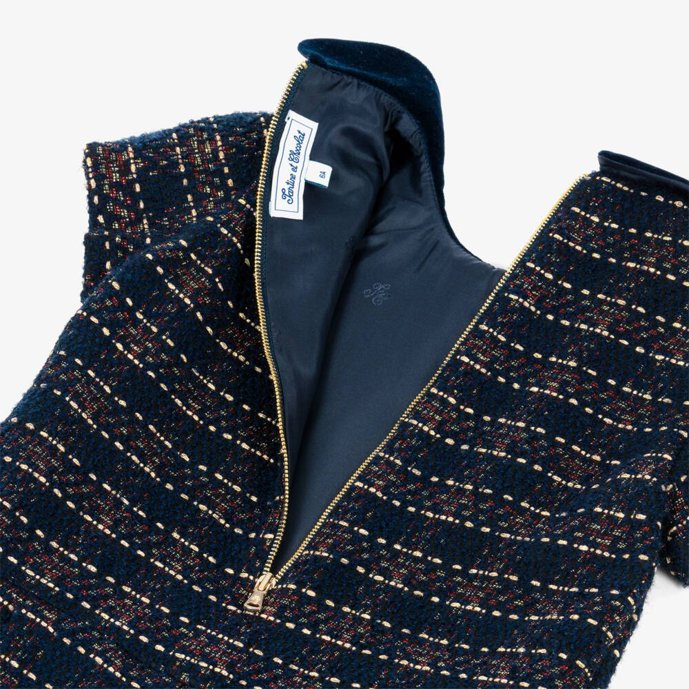 Tartine et Chocolat-Girls Navy Blue & Red Check Sparkly Tweed Dress | Childrensalon Outlet