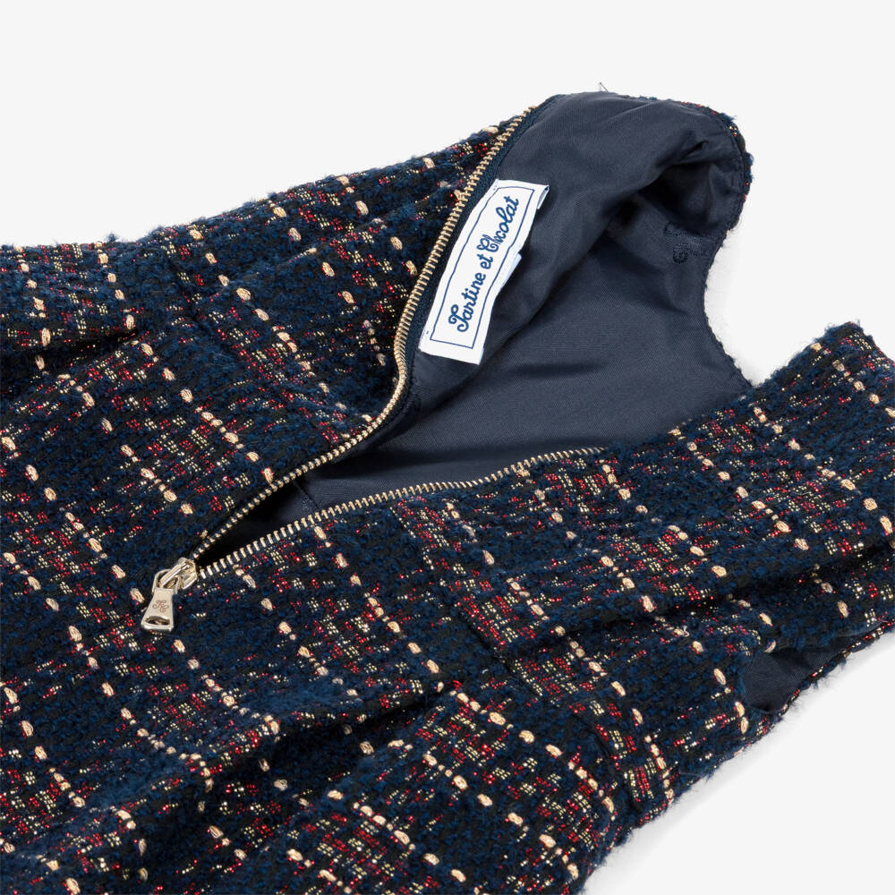 Tartine et Chocolat-Girls Navy Blue & Red Check Sparkly Tweed Sleeveless Dress | Childrensalon Outlet