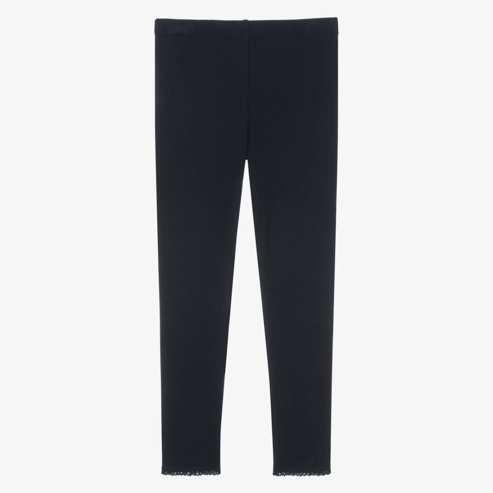 Tartine et Chocolat-Girls Navy Blue Ribbed Cotton Leggings with Lace Trims | Childrensalon Outlet