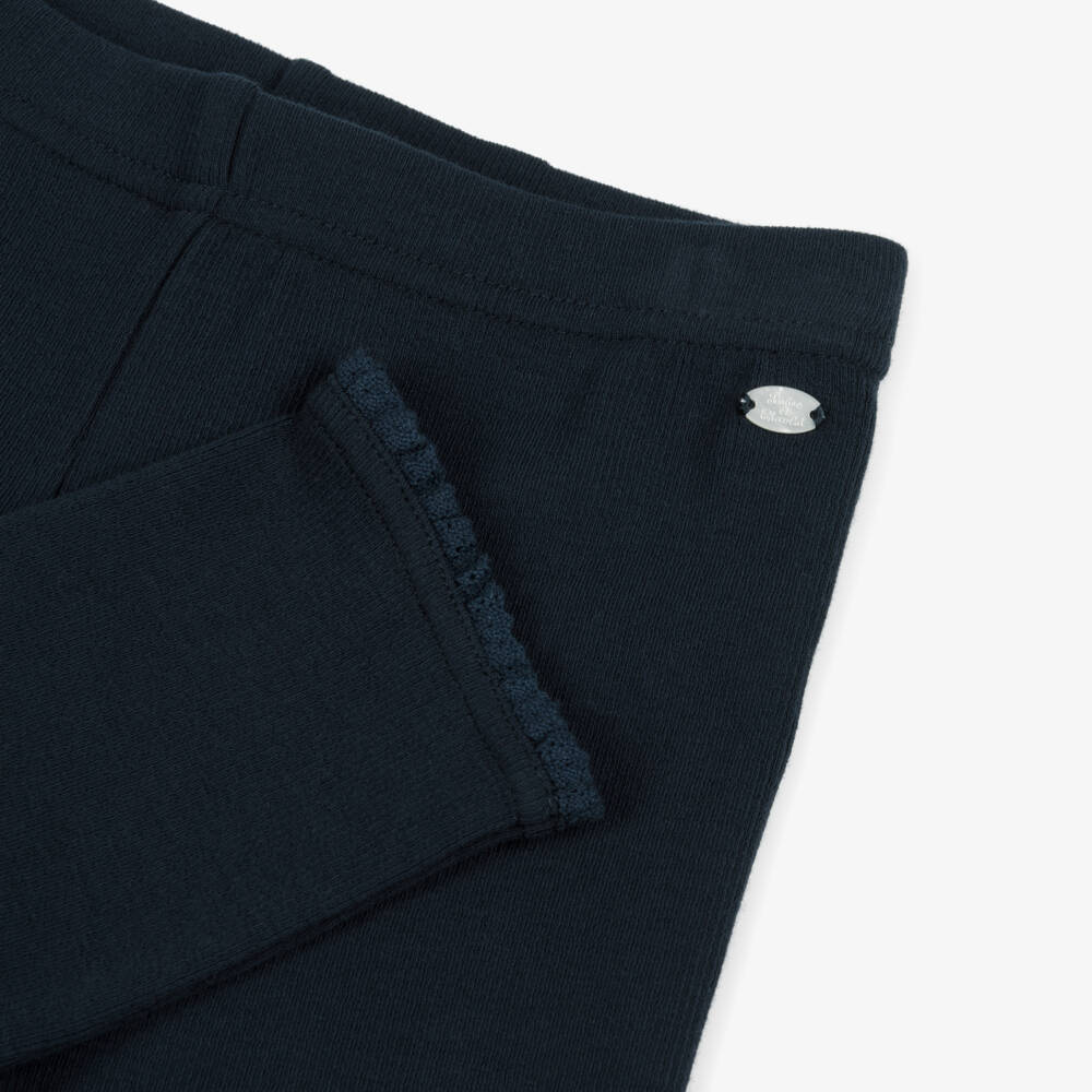 Tartine et Chocolat-Girls Navy Blue Ribbed Cotton Leggings with Lace Trims | Childrensalon Outlet