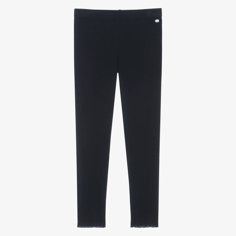 Tartine et Chocolat-Girls Navy Blue Ribbed Cotton Leggings with Lace Trims | Childrensalon Outlet