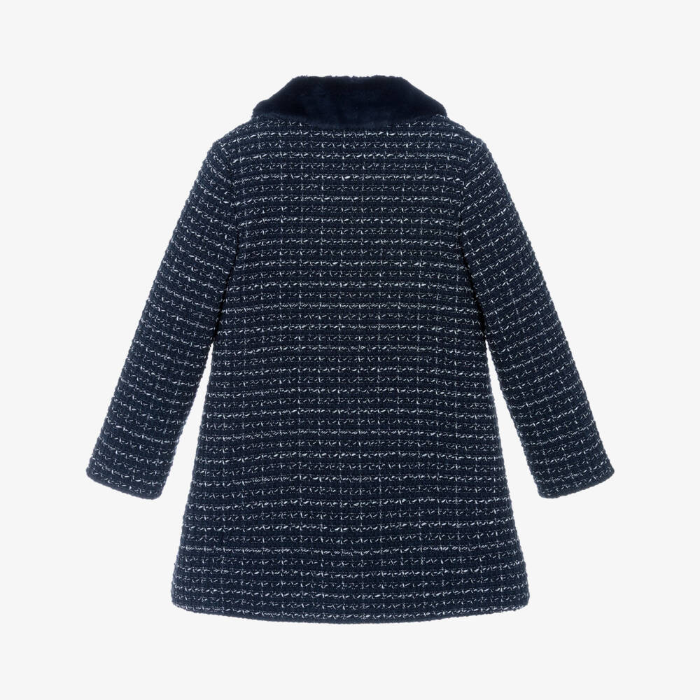 Tartine et Chocolat-Girls Navy Blue Sparkly Tweed Coat with Faux Fur Collar | Childrensalon Outlet
