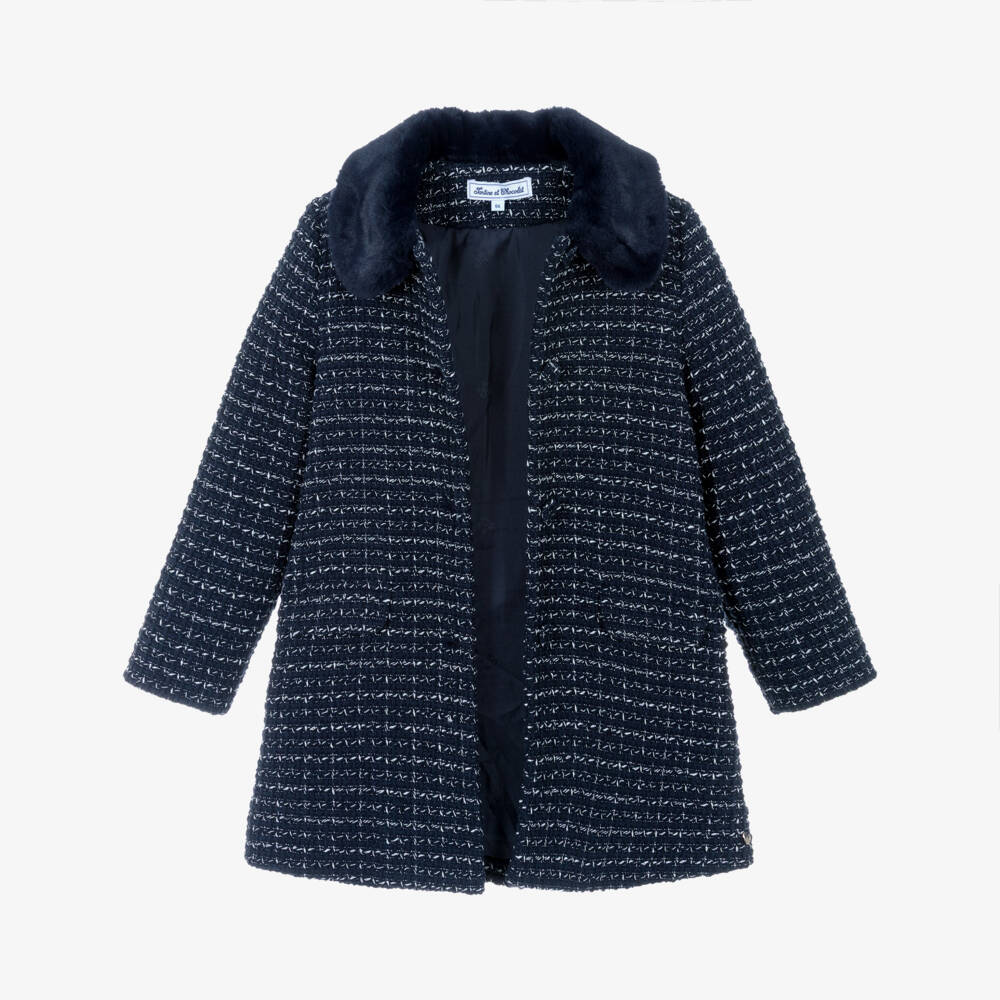 Tartine et Chocolat-Girls Navy Blue Sparkly Tweed Coat with Faux Fur Collar | Childrensalon Outlet