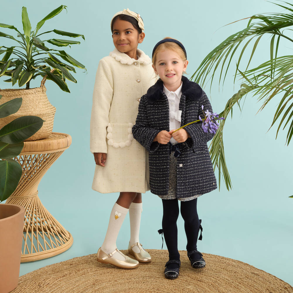 Tartine et Chocolat-Girls Navy Blue Sparkly Tweed Coat with Faux Fur Collar | Childrensalon Outlet