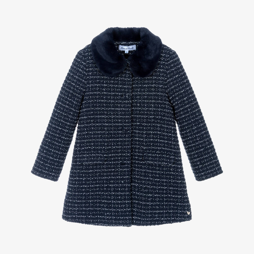 Tartine et Chocolat-Girls Navy Blue Sparkly Tweed Coat with Faux Fur Collar | Childrensalon Outlet