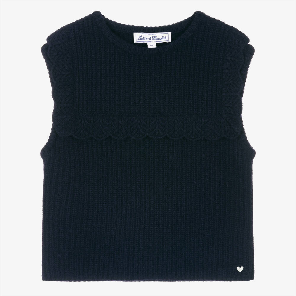 Tartine et Chocolat - Girls Navy Blue Wool & Cashmere Sweater Vest | Childrensalon