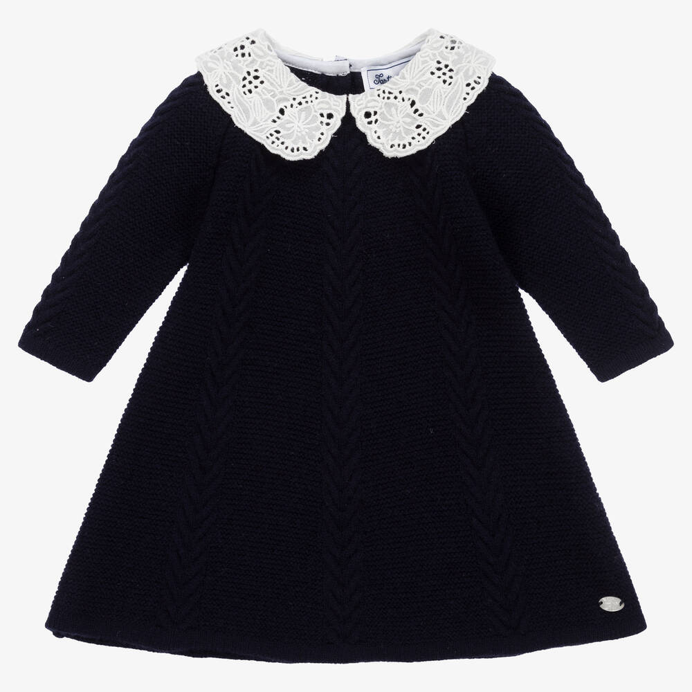 Tartine et Chocolat - Girls Navy Blue Wool Knitted Dress | Childrensalon