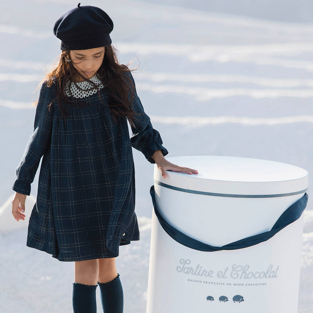 Tartine et Chocolat-Girls Navy Checked Wool Dress | Childrensalon Outlet