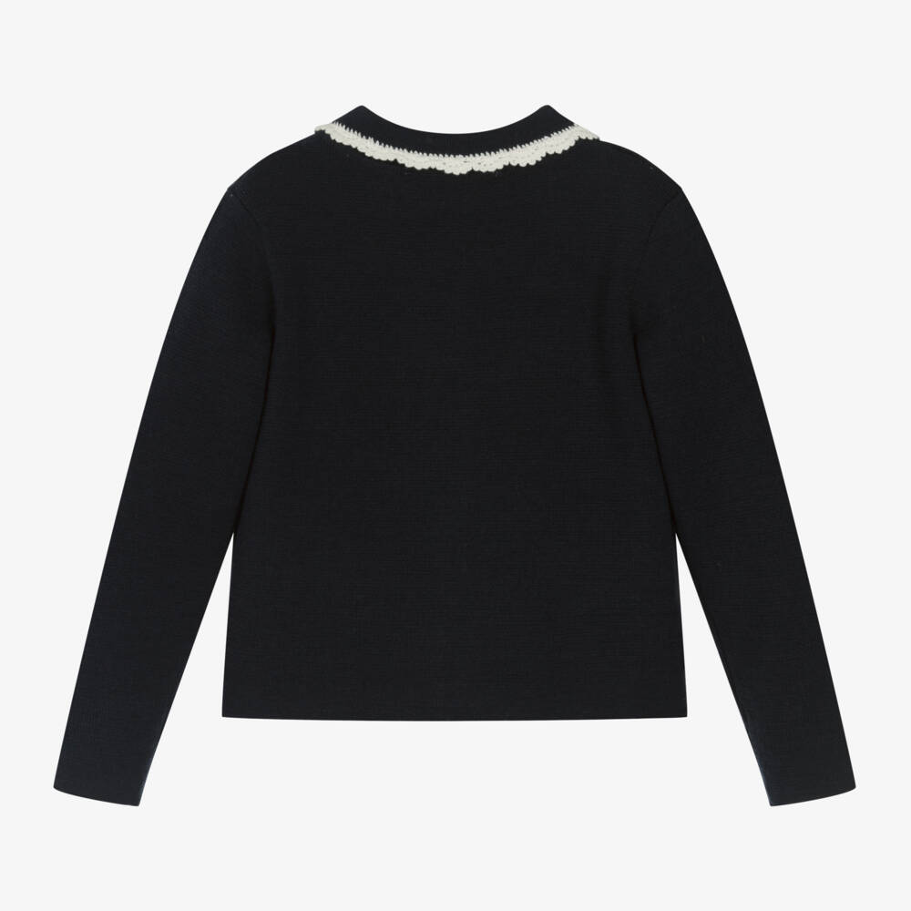 Tartine et Chocolat-Girls Navy Crochet Wool Cardigan | Childrensalon Outlet