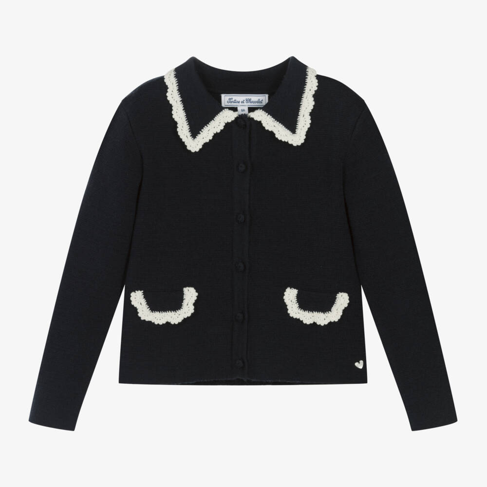 Tartine et Chocolat-Girls Navy Crochet Wool Cardigan | Childrensalon Outlet