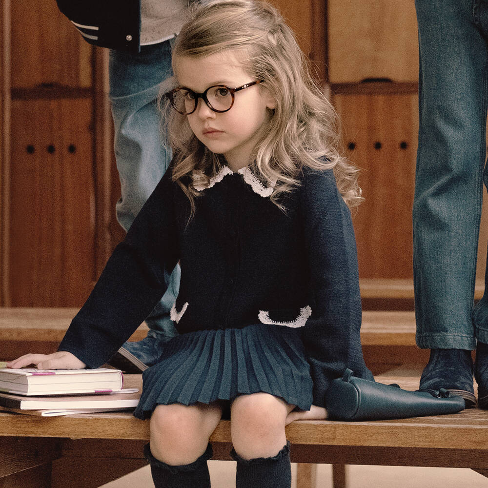 Tartine et Chocolat-Girls Navy Crochet Wool Cardigan | Childrensalon Outlet