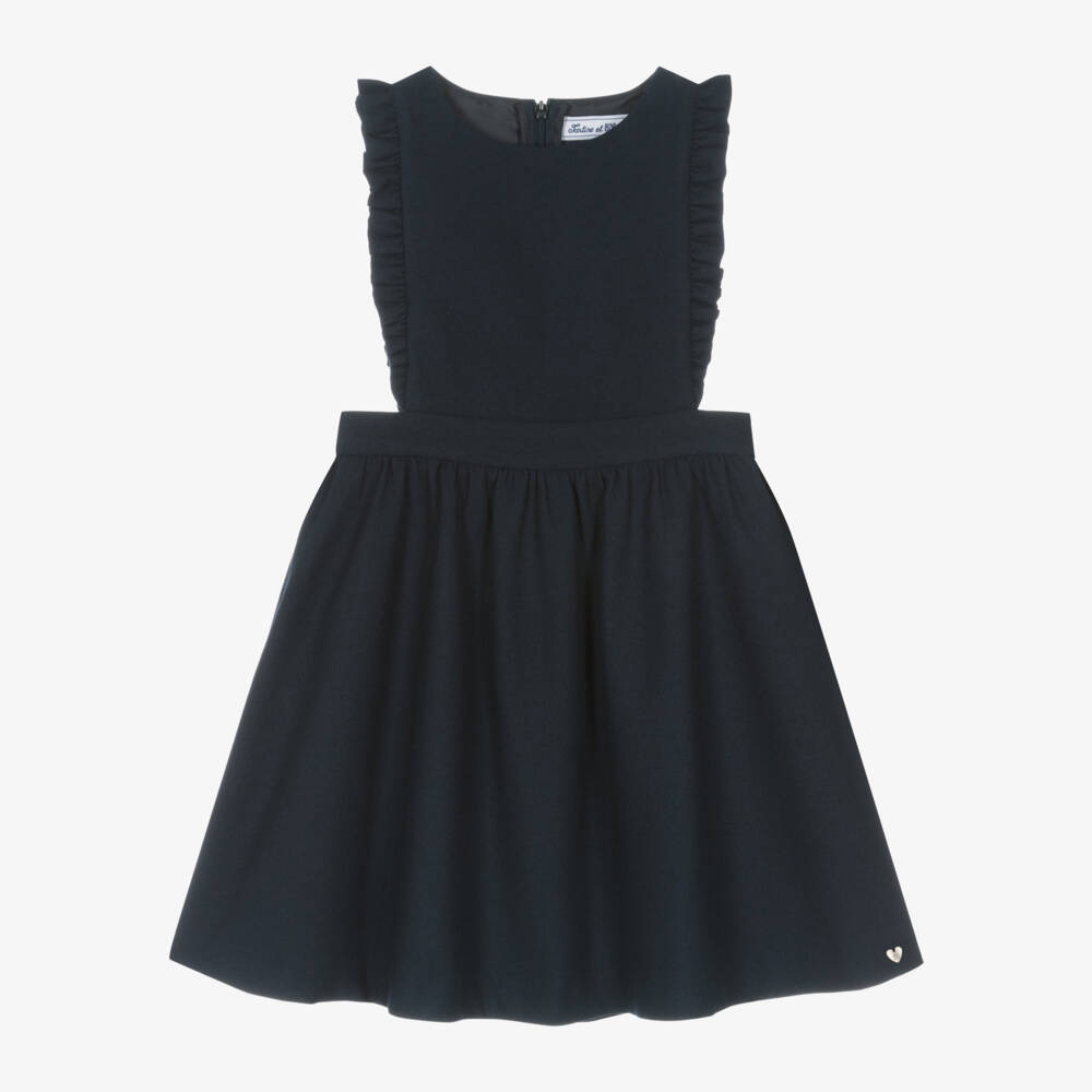 Tartine et Chocolat-Girls Navy Flannel Ruffle Dress | Childrensalon Outlet