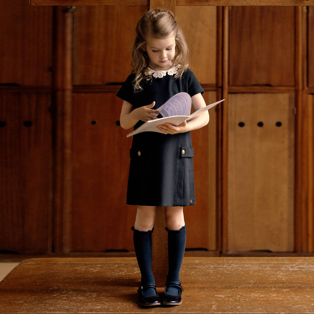 Tartine et Chocolat-Girls Navy Lace Trim Dress | Childrensalon Outlet